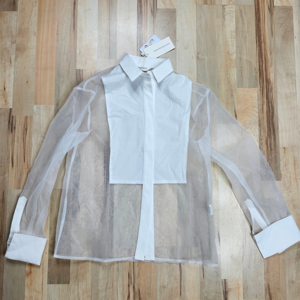 COMMENSE Sheer Button Down Top Blouse White XS